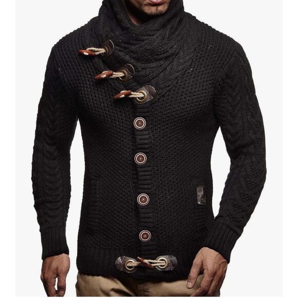 Leif Nelson medium men toggle Cozy Cabin Black sweater chunky knit fisherman - Picture 8 of 13